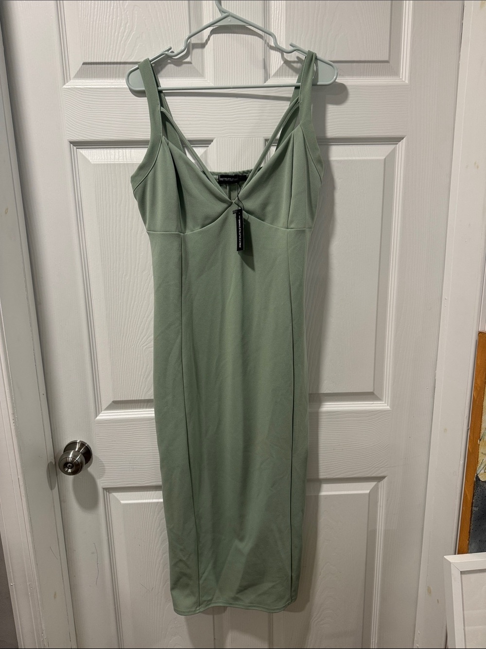 Nwt PrettyLittleThing Sage Green Double-Strap Bodycon Midi Dress